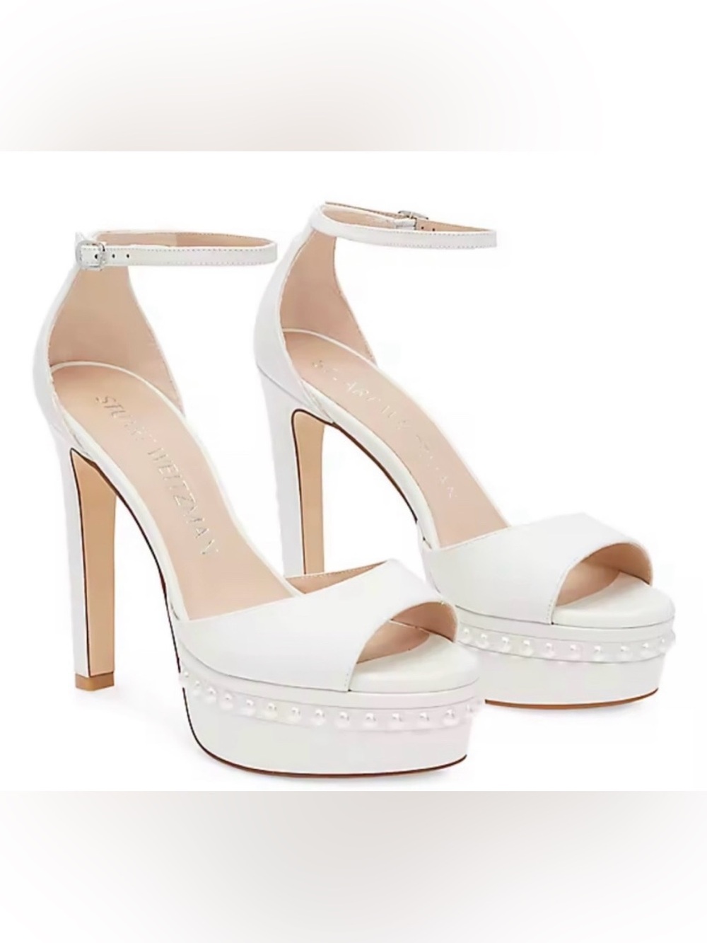Stuart Weitzman White Pearl-Trim Platform Ankle-Strap Sandals